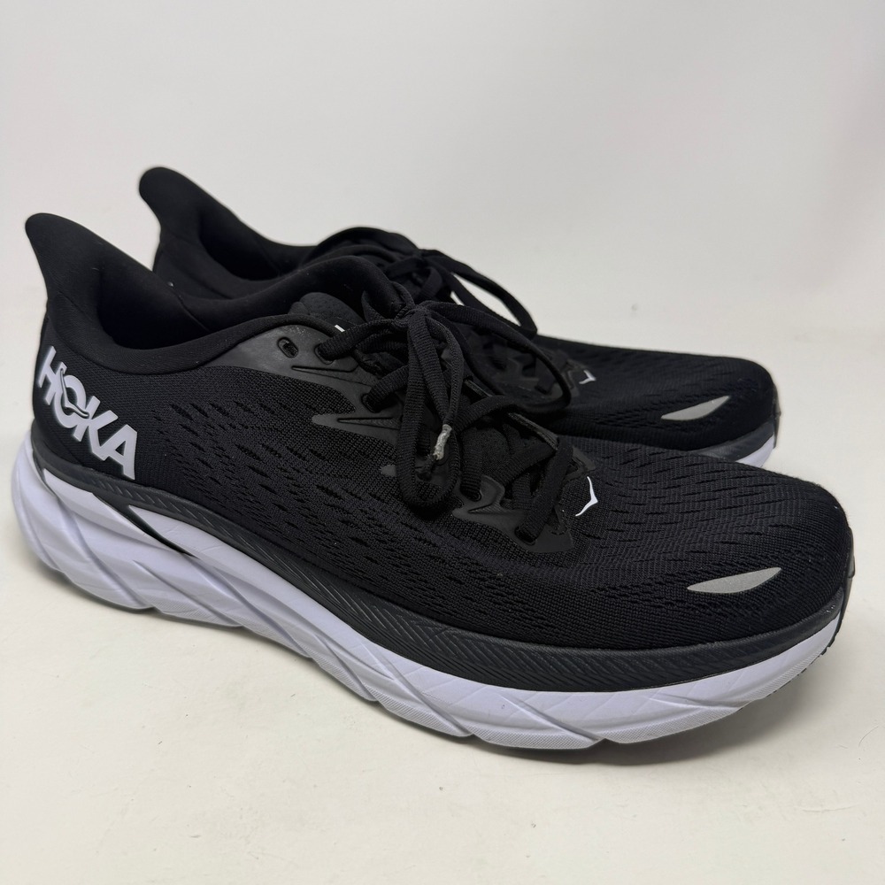 Hoka Running Shoes Mens Clifton 8 Black White Cushioned Athletic EUC